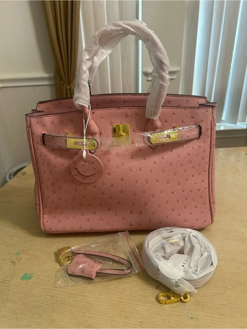 Pink Ostrich-Texture Top-Handle Bag UNBRANDED BIRKIN STYLE